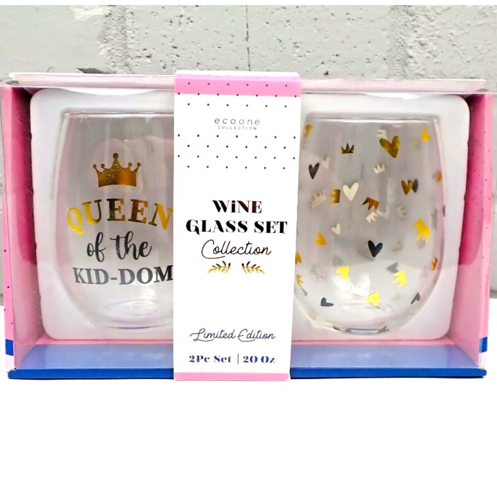 Wine Glass Gift Set Eco One Limited Edition 2 Stemless 20oz Queen Of “Kid-dom”